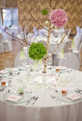 Ein für eine formelle Veranstaltung gedeckter Esstisch, geschmückt mit einem Baum-Centerpiece, das rosa und grüne Blumenkugeln aufweist. Der Tisch ist mit einer weißen Tischdecke bedeckt und von weißen Stühlen umgeben. Glaswaren und Besteck sind ordentlich auf dem Tisch arrangiert.