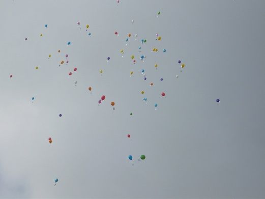 Eine Vielzahl bunter Luftballons schwebt im Himmel, jeder in verschiedenen Formen und Farben, vor einem grauen Hintergrund.