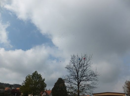 Eine Landschaft mit Wolken und einem Baum mit Luftballons daran. Im Hintergrund sind mehrere Häuser und Gebäude zu sehen.