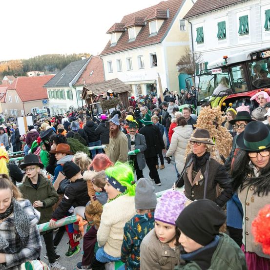 Eine große Menschenmenge in Kostümen geht durch eine Straße, einige mit Hüten, Brillen und bunten Haaren. Gebäude säumen die Straße, und ein Traktor ist vor einem geparkt. Bäume und Berge sind in der Ferne sichtbar.