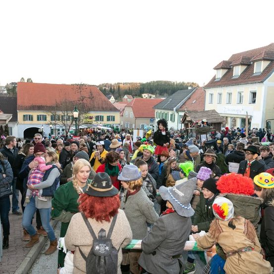 Eine große Menschenmenge versammelt sich auf einem Stadtplatz, viele in Kostümen gekleidet. Gebäude mit roten Dächern umgeben den Bereich, und es herrscht eine festliche Atmosphäre. Einige Leute tragen Hüte, andere bunte Perücken. Es gibt spielende Kinder und unterhaltende Erwachsene.