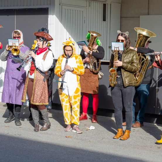 Eine Gruppe von Musikern in Kostümen steht auf einer Straße. Sie spielen verschiedene Musikinstrumente. Die Person in der Mitte ist in einem Giraffenkostüm gekleidet.
