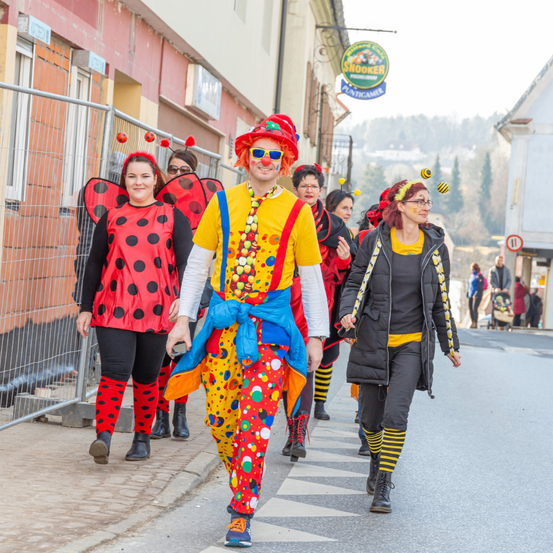 Eine Gruppe von Menschen in Kostümen, darunter ein Clown, geht eine Straße entlang. Sie tragen bunte Outfits, einschließlich Marienkäfer- und Bienenkostüme. Im Hintergrund befindet sich ein Gebäude mit einem Schild.