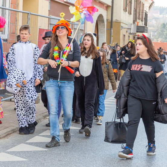 Eine Gruppe von Menschen geht in Kostümen auf der Straße, einer hält eine bunte Windmühle. Dahinter laufen auch andere, einige in Tierkostümen. Im Hintergrund sind Gebäude und Bäume zu sehen.