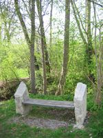 Eine Holzbank mit Steinenden steht in einem üppigen, grünen Grasbereich, umgeben von dichten Bäumen.