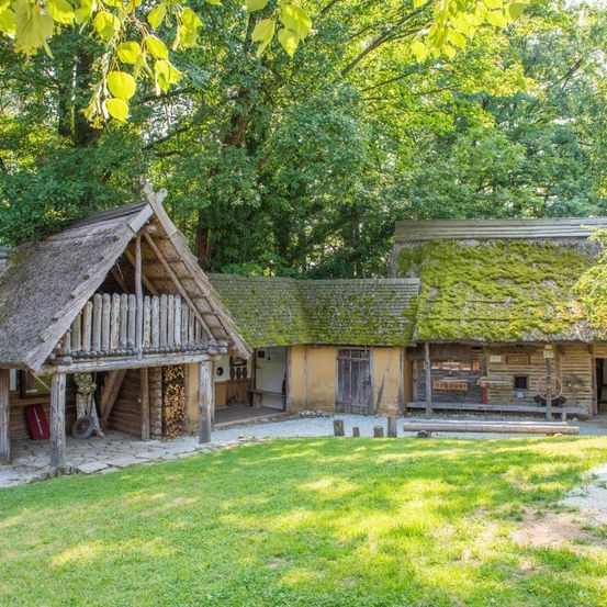 Eine traditionelle Holzhütte mit einem Strohdach und von Moos bedeckten Wänden. In der Nähe sind ein Rad und Holzstämme zu sehen.