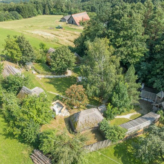 Eine Luftaufnahme einer ländlichen Landschaft mit mehreren traditionellen Häusern mit Strohdach, einem rot gedeckten Haus, einem Feld und Bäumen. Die Häuser sind von Grün umgeben.