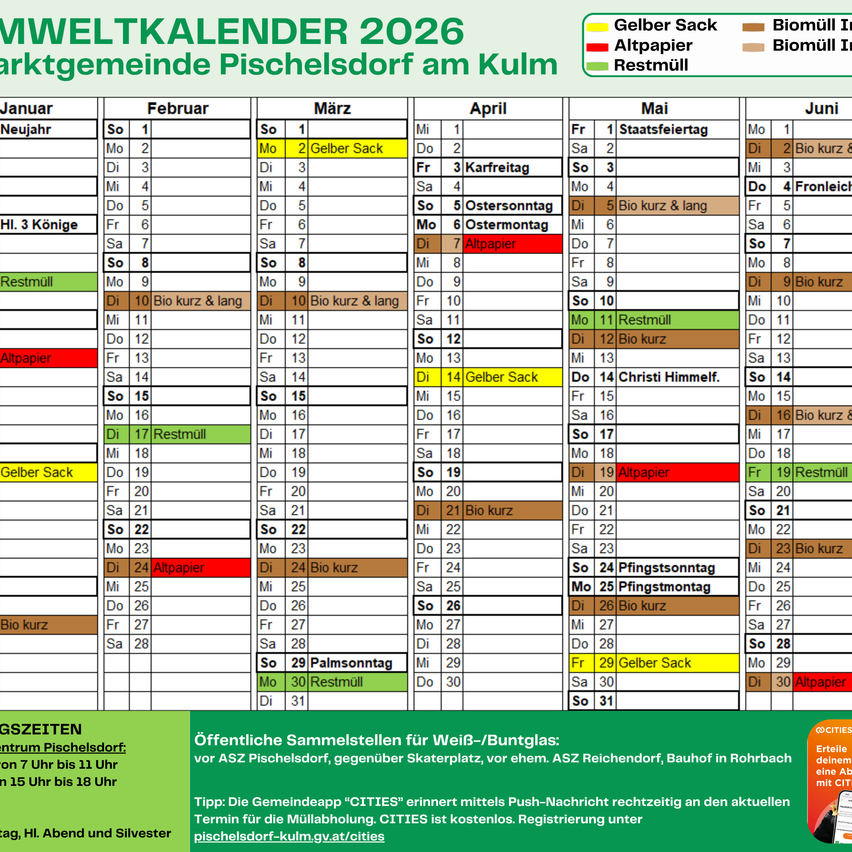 Ein Kalender für das Jahr 2026 für die Gemeinde Pischelsdorf am Kulm zeigt Feiertage und Ruhetage für jeden Monat. Grün zeigt Ruhetage, gelb Feiertage, rot besondere Feiertage und orange besondere Ruhetage.