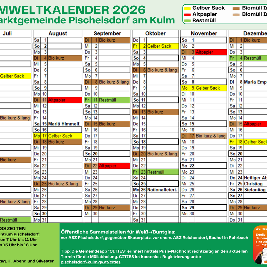 Der Kalender für 2026 für die Gemeinde Pischelsdorf am Kulm. Er zeigt verschiedene farbige Tage für verschiedene Ereignisse wie Biomüllsammlung, Gelber Sack-Sammlung und Feiertage. Zusätzliche Informationen über öffentliche Sammelstellen für Papier-/Plastiktüten werden bereitgestellt.