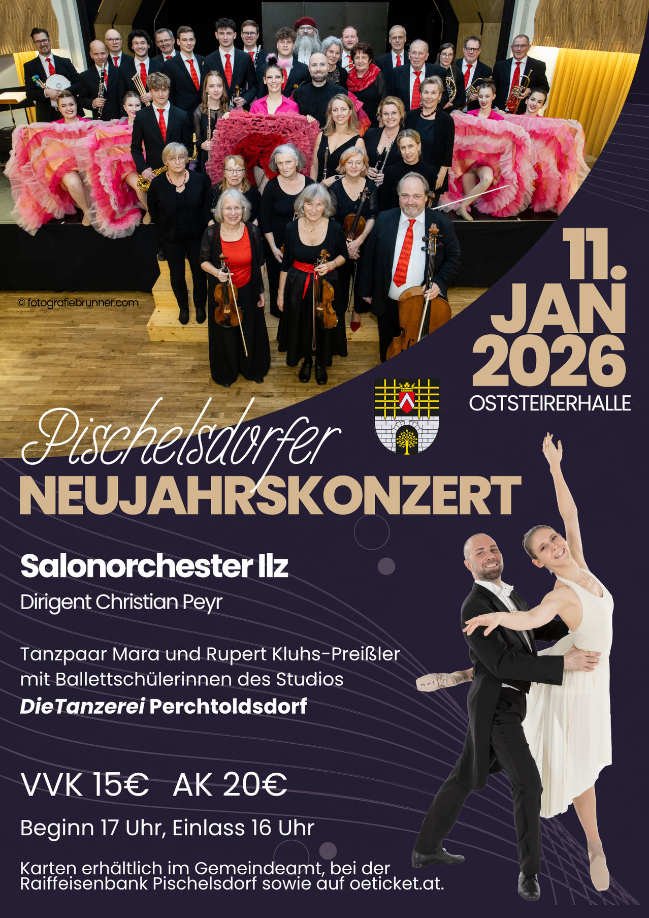 Plakat für ein Neujahrskonzert von Pischelsdorfer Salonorchester Illz, dirigiert von Christian Peyr. Mit einem Tanzpaar und Schülerinnen der Ballettschule Perchtoldsdof. Datum: 11. Januar 2026. Ort: Osterreichhalle.