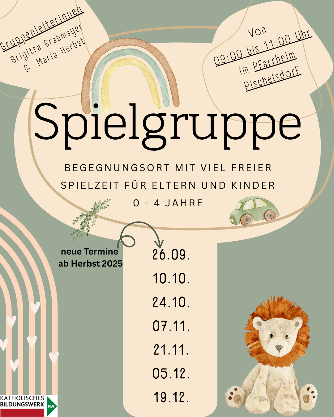 Ein Bild eines Plakats für eine Spielgruppe mit einem Regenbogenhintergrund. Es steht 'Spielgruppe' in großen Buchstaben und hat einen Terminplan von September bis Dezember. Es ist für Eltern und Kinder im Alter von 0 bis 4 Jahren.