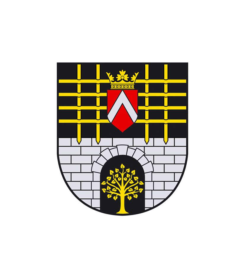 A coat of arms with a black background, featuring a yellow tree in the center, a red shield above it, and a golden crown on top of the shield. The shield is surrounded by a yellow lattice.