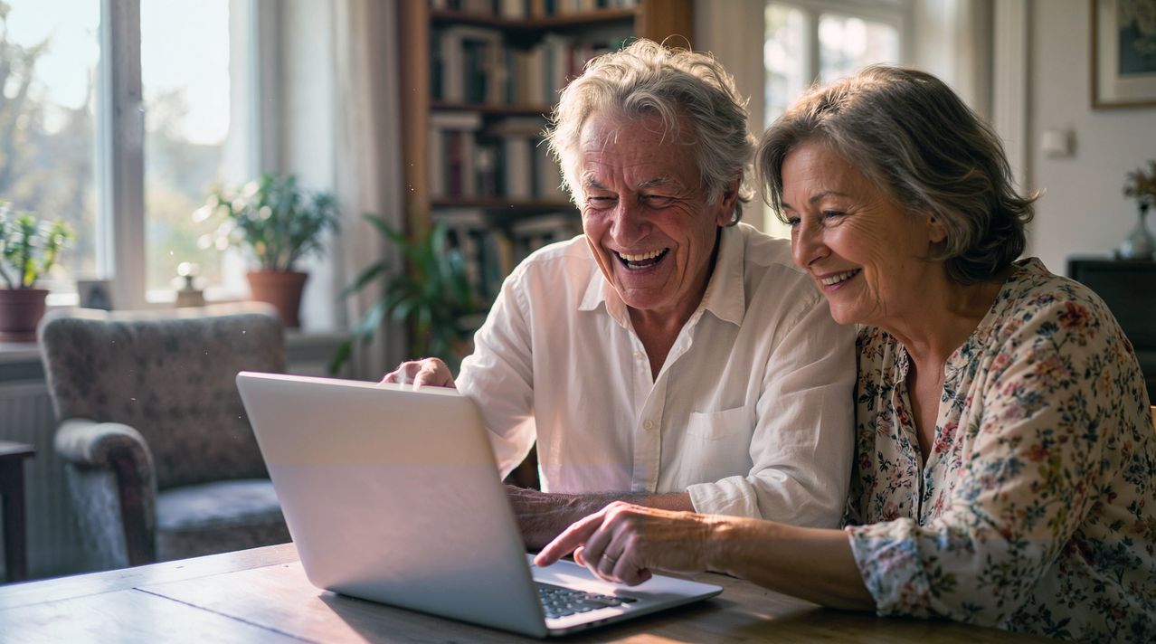 An elderly couple, both smiling, seated at a table with a laptop. The man is pointing at the screen while the woman looks on. They are surrounded by bookshelves and potted plants.