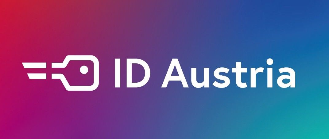 The logo for ID Austria, displayed on a vibrant background with a tag icon.