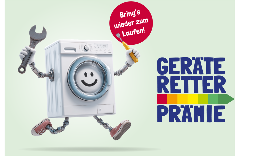 An illustration of a smiling washing machine with a wrench and screwdriver, holding a red speech bubble that says Bring's wieder zum Laufen! Next to it is the text GERATE RETTE PRAMI with a color bar.