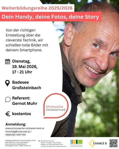 Poster for a photography workshop. A man smiles, text reads 'Your Handy, your photos, your story.' The event is on May 19, 2026, from 5-9 PM at Badesee Großsteinbach. Free registration.