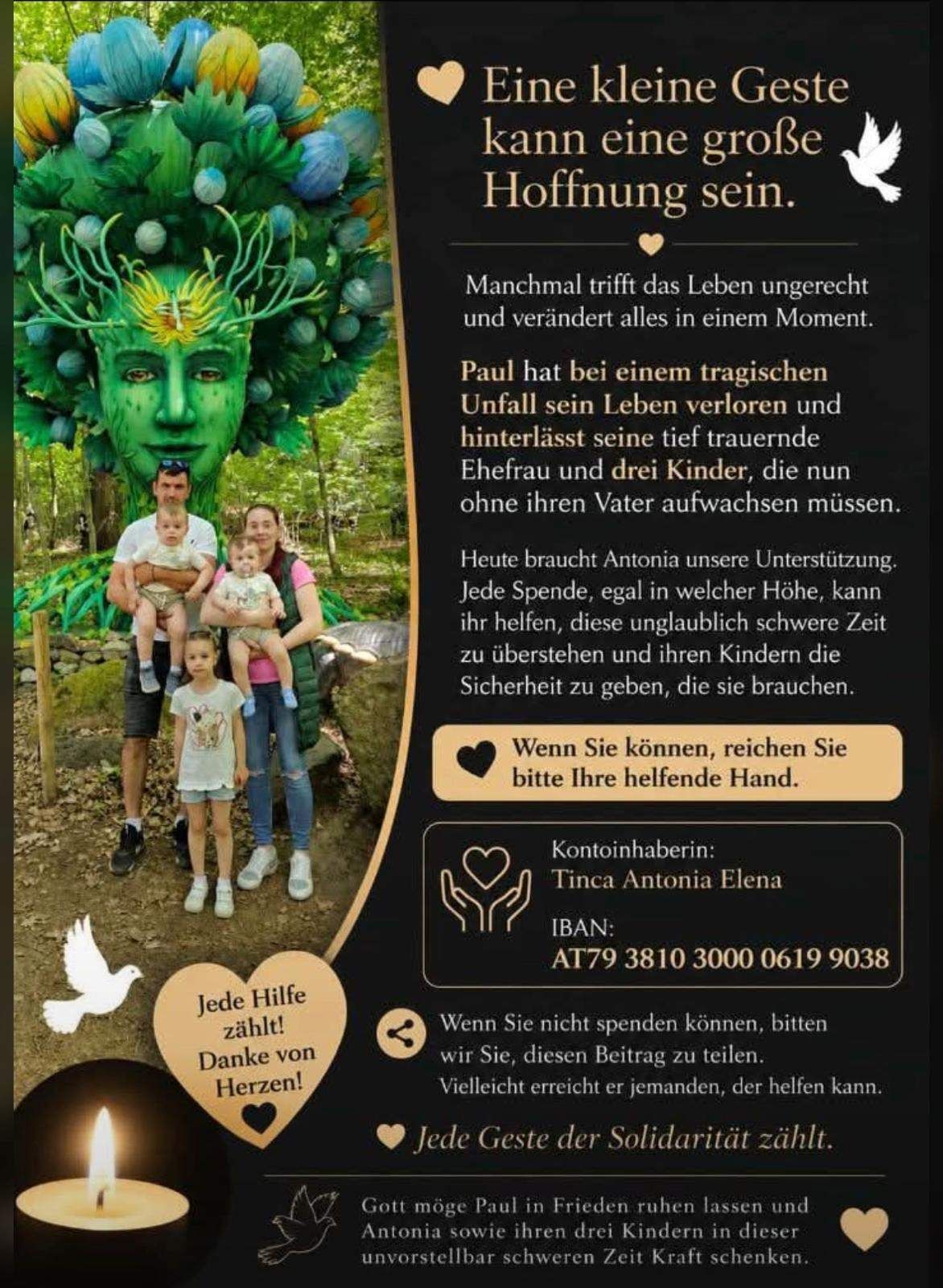 Ein Poster zeigt eine Familie mit einem großen grünen Baumgesicht im Hintergrund. Die Familie hält ein Baby und ein junges Mädchen. Der Text auf dem Poster lautet: 'Manchmal ist das Leben ungerecht und verändert alles in einem Moment.' Die Familie bittet um Unterstützung.