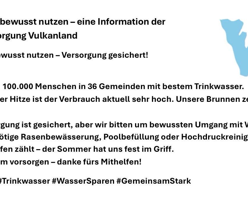 Eine Werbung für Wassereinsparung in einer Region mit Vulkanaktivität. Es hebt den hohen Wasserverbrauch hervor und ermutigt zu verantwortungsvoller Nutzung. Hashtags für Wassereinsparung und Gemeinschaftsstärke.