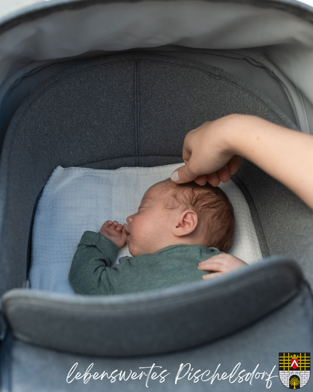 A baby is sleeping in a gray bassinet with a white cloth underneath, while a hand gently touches its head.