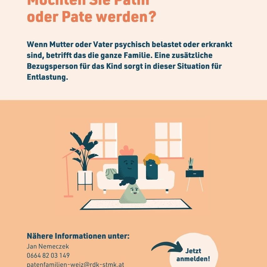 Infographic about the importance of a contact person for children when parents are stressed or ill. It shows a family living room with a couch, plants, and a phone. The text encourages contacting Jan Nemeczek for more information.
