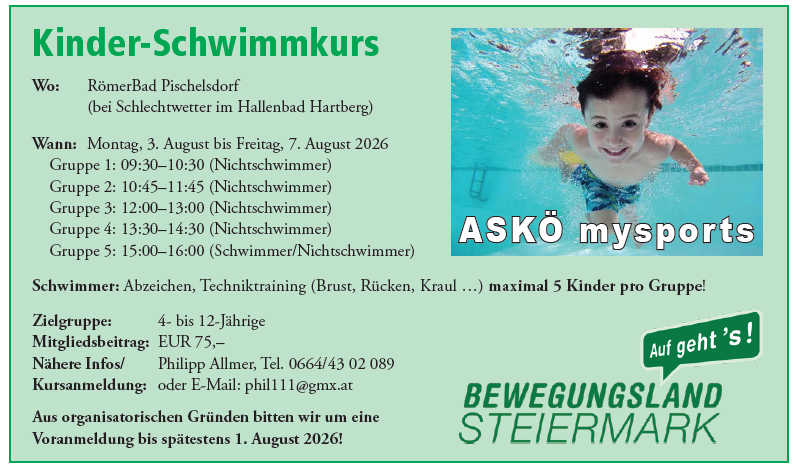 Plakat für Kinderschwimmkurs im RömerBad Pischelsdorf. Vom 3. bis 7. August 2026. Altersgruppe 4-12. Gebühr 75 EUR. Kontakt Philipp Allmer.