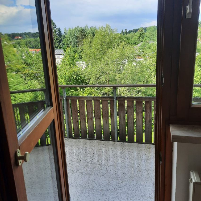 Ein Balkon mit Blick auf eine grüne Landschaft, mit Bäumen, Pflanzen und einem entfernten Gebäude. Der Balkon hat ein hölzerne Geländer und einen gefliesten Boden.