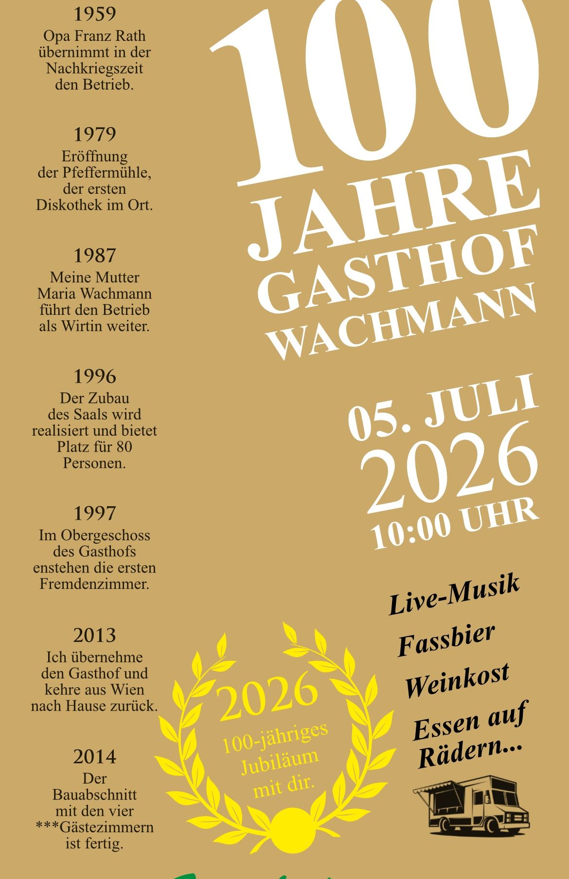 1987 Maria Wachmann führt den Betrieb als Wirtin weiter. 1996 Der Anbau des Saals wird realisiert und bietet Platz für 80 Personen. 1997 Im Obergeschoss des Gasthofs entstehen die ersten Fremdenzimmer. 2013 Ich übernehme den Gasthof und kehre aus Wien nach Haus zurück. 5. Juli 2026, 10:00 Uhr, Live-Musik, Weinkost