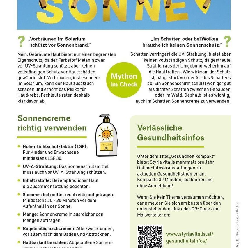 Infografik über Sonnenschutz, mit Abschnitten zu Sonnenschutzmythen, richtiger Verwendung von Sonnencreme und Gesundheitsinfos. Es betont die Bedeutung von Sonnencreme trotz Schatten oder bewölktem Wetter.