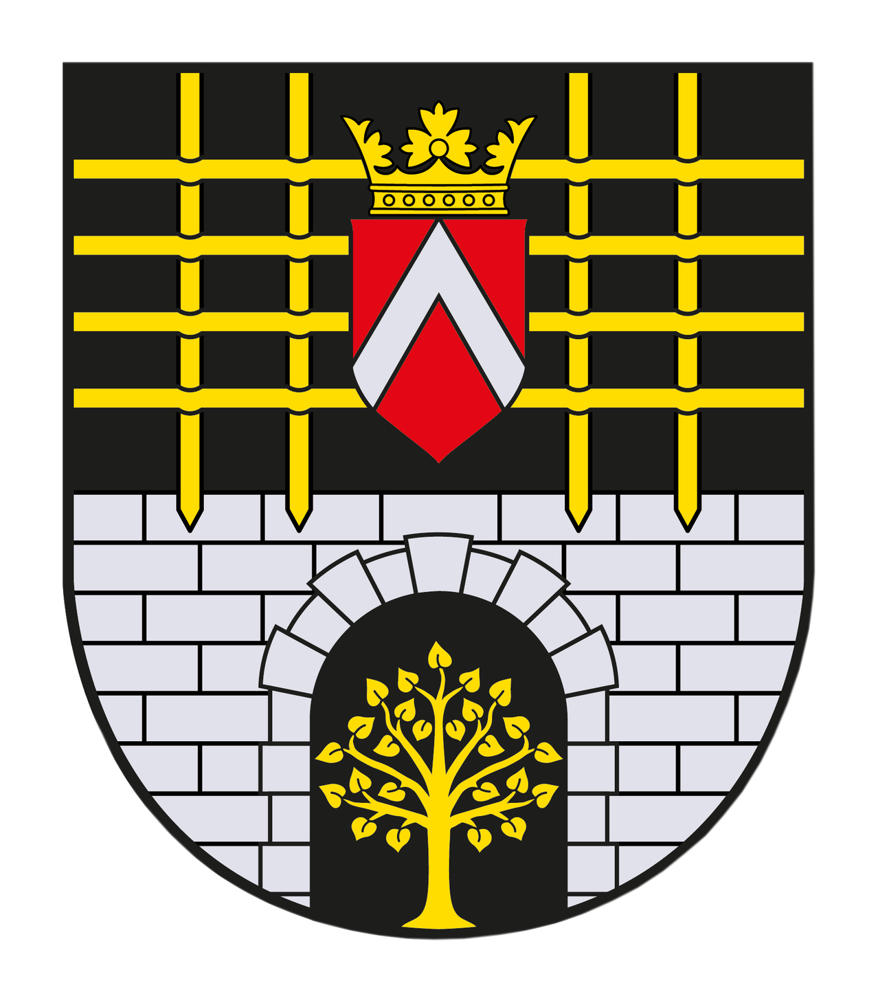 Ein Schild mit einem gelben Baum in der Mitte, einem roten und weißen Schild darüber und einem schwarzen Hintergrund mit gelben Bögen.