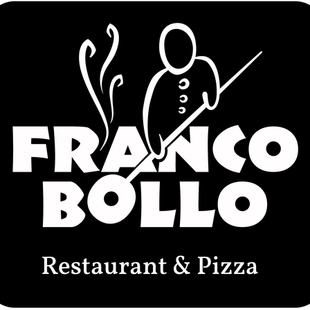 Schwarzer Hintergrund mit einem weißen Logo für Franco Bollo Restaurant und Pizza. Das Logo zeigt eine stilisierte Figur, die einen Queue hält, aus dem Rauch aufsteigt. Unter dem Logo steht der Name des Restaurants und seine Spezialität, Pizza.