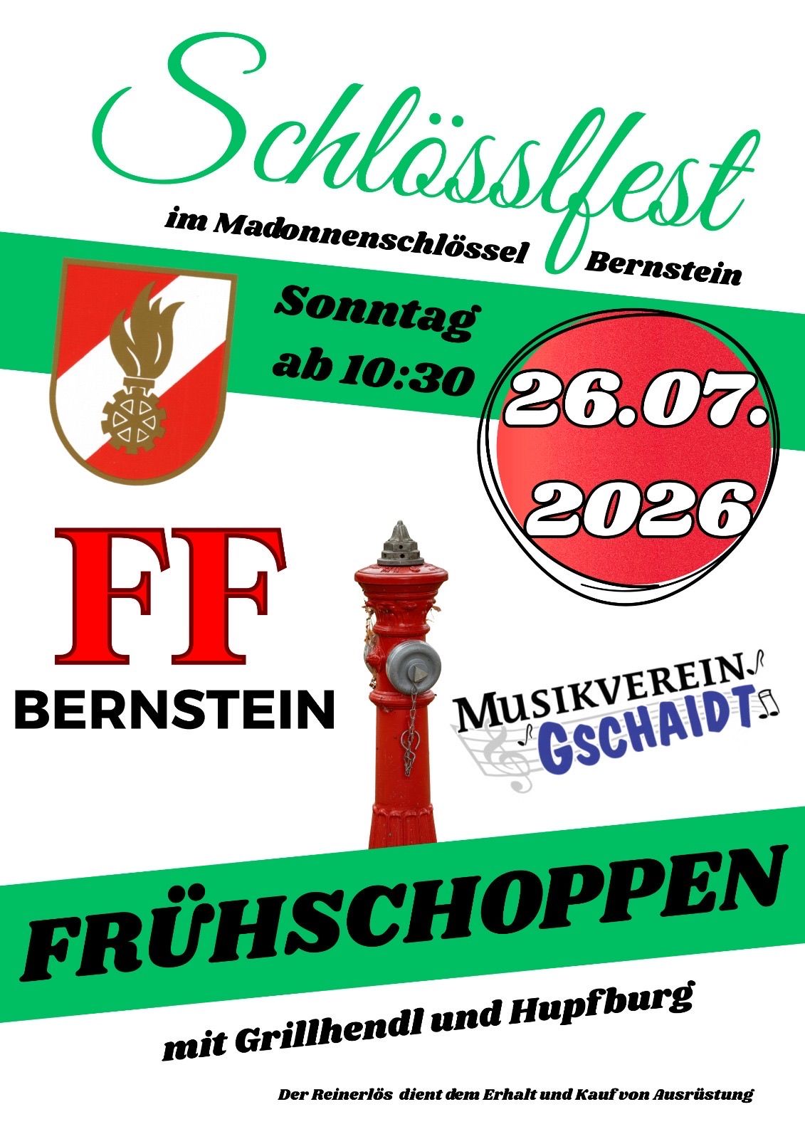 A poster advertising the Fruhschoppen event in Bernstein, featuring a red fire hydrant, a logo, and the date July 26, 2026.