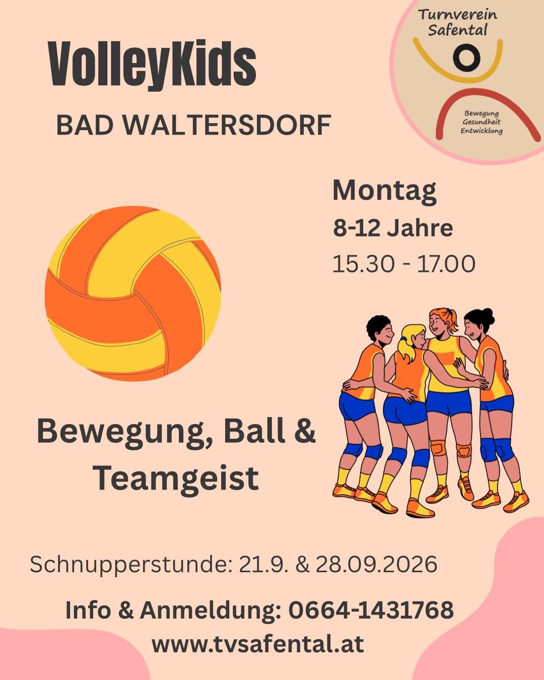 Plakat für Volleyball Kids in Bad Waltersdorf mit einem Volleyball, Kindern in Uniformen und Veranstaltungsdetails.