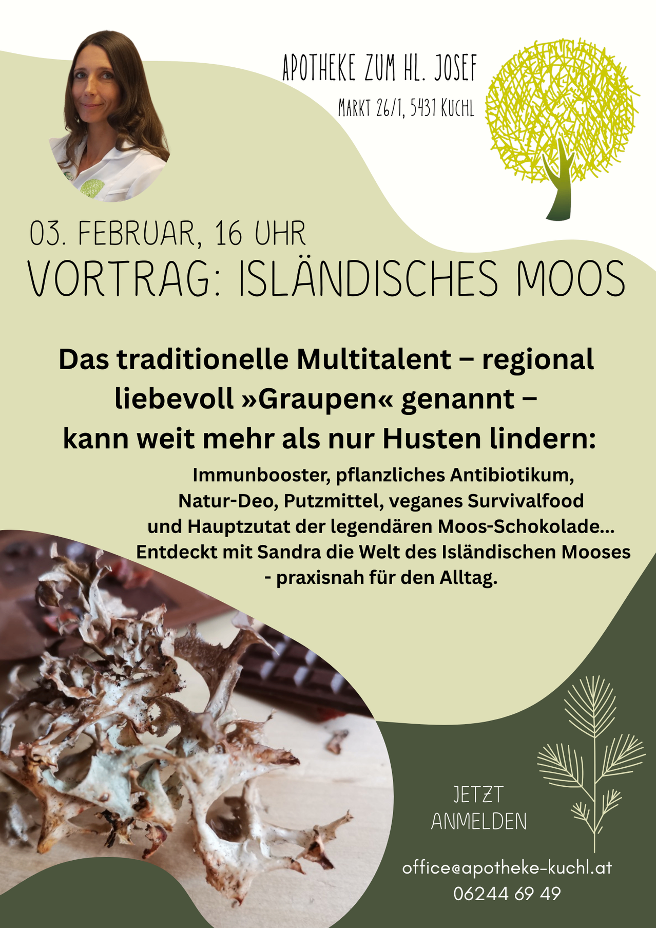 Ein Plakat mit einer Frau, einem Baum und isländischem Moos. Es steht: 3. Februar, 16 Uhr, Vortrag: Isländisches Moos. Bespricht seine Vorteile wie Immunstimulans und natürliches Deodorant.