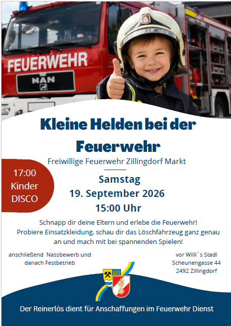 Plakat für eine Kinderveranstaltung bei der Feuerwehr. Ein lächelndes Kind in einem Feuerwehrhelm gibt Daumen hoch. Die Veranstaltung findet am 19. September 2026 von 15:00 Uhr bis 17:00 Uhr statt.