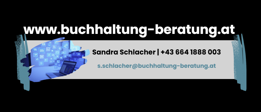 Ein Banner mit der Website-Adresse, dem Kontaktnamen, der Telefonnummer und der E-Mail-Adresse von Sandra Schlacher von Buchhaltung-Beratung.at.