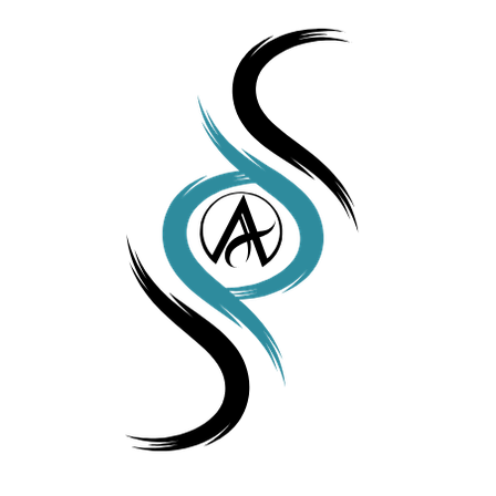 Eine stilisierte blaue Figur, die einem stilisierten Buchstaben Q ähnelt, auf schwarzem Hintergrund.