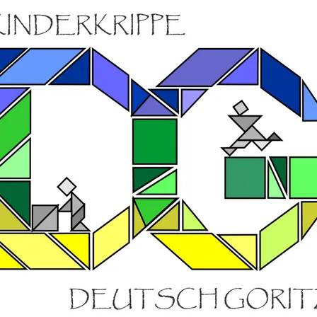Ein geometrisches Logo mit einer Mischung aus blauen, grünen, gelben und grauen Farben, das eine stilisierte Figur bildet, mit 'UNTERKRIPPE' oben und 'DEUTSCH GORITZ' unten.