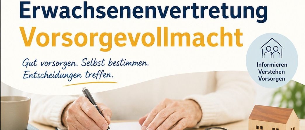 Ein Veranstaltungsflyer für ein Seminar zur Pflegeplanung am 21. September 2026 um 17:30 im Rathaussaal, Oberer Markt 14, 8551 Wies. Der Flyer zeigt eine Person beim Schreiben, ein Hausmodell und eine Familie, die gemeinsam posiert.