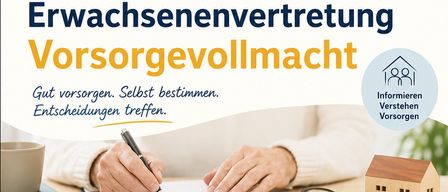 Ein Veranstaltungsflyer für ein Seminar zur Pflegeplanung am 21. September 2026 um 17:30 im Rathaussaal, Oberer Markt 14, 8551 Wies. Der Flyer zeigt eine Person beim Schreiben, ein Hausmodell und eine Familie, die gemeinsam posiert.