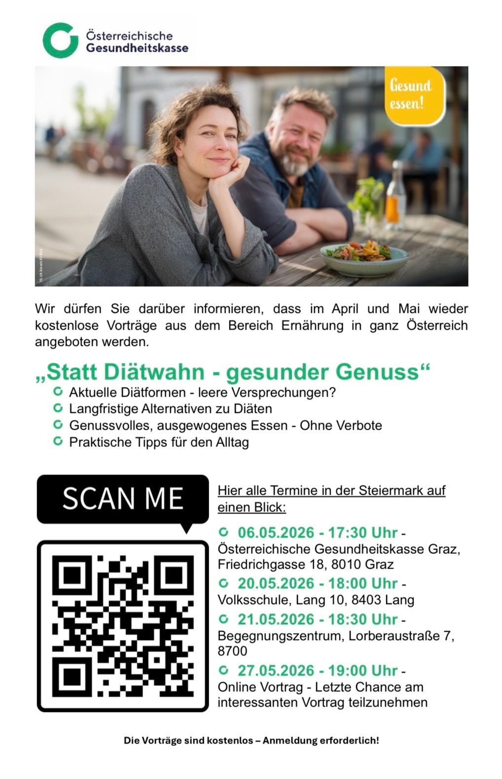 Poster about free health talks in May. It shows a woman and man smiling, a plate of food, and a QR code. It mentions free talks in May on healthy eating.