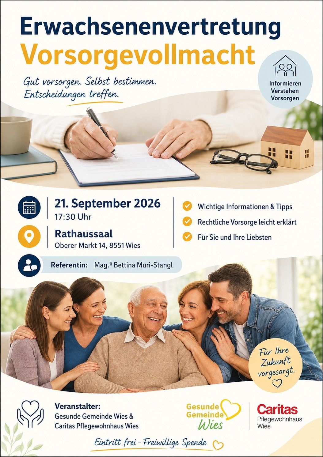 Ein Flyer für eine Veranstaltung am 21. September 2026 um 17:30 im Rathaussaal, Oberer Markt 14, 8551 Wies. Es zeigt eine Person beim Schreiben, ein Hausmodell und eine Familie. Der Text ist auf Deutsch.