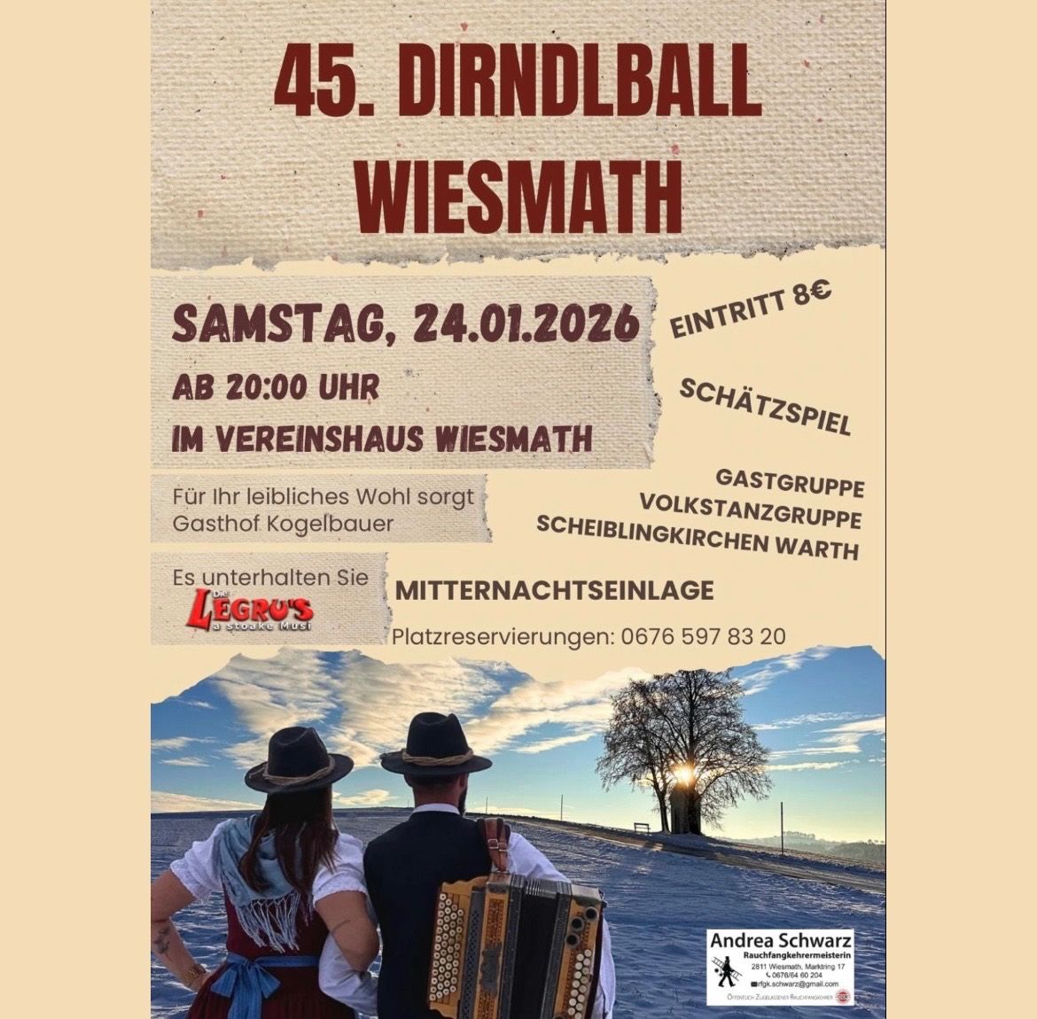 Plakat für den 45. Dirndlball in Wiesmath. Veranstaltung am 24.04.2026, Beginn um 20:00 Uhr. Eintritt 8 Euro. Zeigt ein Paar in traditioneller Kleidung, einen Akkordeonspieler und eine malerische Kulisse. Gastgeber ist Gasthof Kogelbauer.