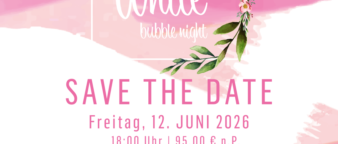 Pink and White Bubble Night event poster with a pink and white background. The event is on Friday, June 12, 2026. Dress code is pink or white. The program includes a cocktail reception, a culinary tour, and a party with music. Tickets are available online or at the hotel. QR code is included.