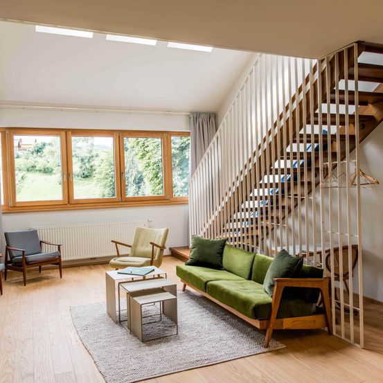 Furniture, Indoors, Living Room, Room, Interior Design, Foyer, Housing, Staircase, Home Decor, Chair
