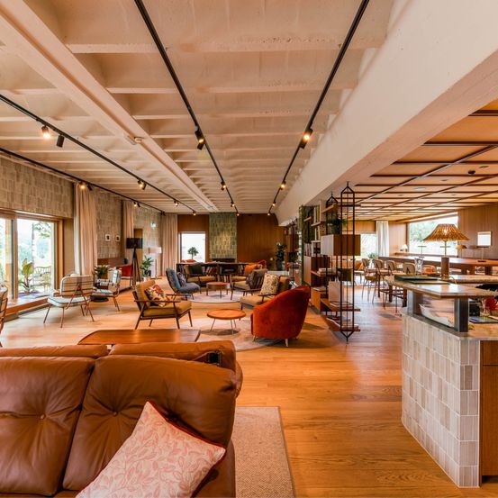 Indoors, Interior Design, Building, Furniture, Lounge, Couch, Wood, Restaurant, Floor, Foyer