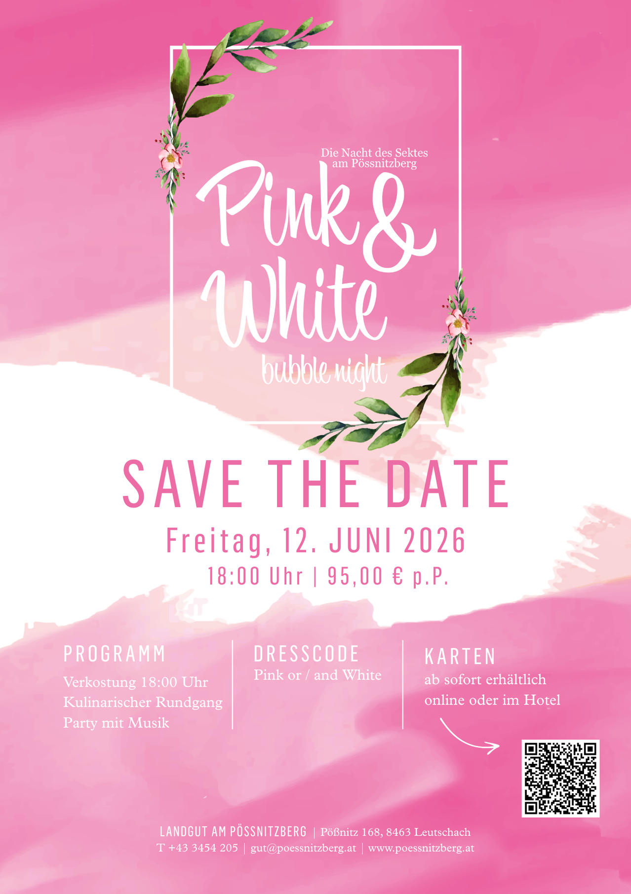 Ein Plakat für die Pink & White Bubble Night. Es ist für Freitag, 12. Juni 2026, ab 18:00 Uhr geplant. Der Dresscode ist Pink oder Weiß. Der Ticketpreis beträgt 95,00 € pro Person. Tickets können online oder im Hotel gekauft werden.