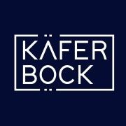 Das Logo für Käfer Bock wird in weissem Text auf blauem Hintergrund angezeigt. Der Text ist in Grossbuchstaben und hat einen leichten Schatten.