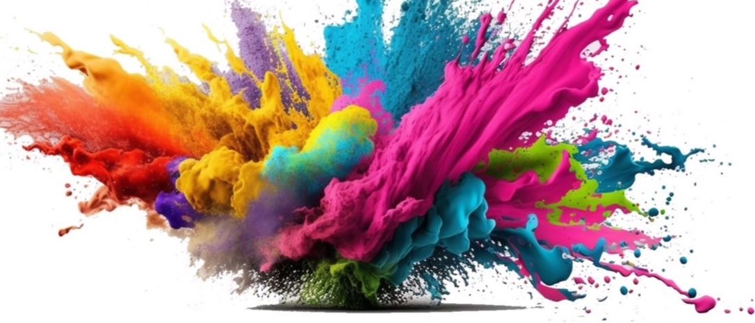 Eine lebhafte Explosion aus mehrfarbigen Pulvern bricht von einem zentralen Punkt hervor und erzeugt ein dynamisches und farbenfrohes Bild vor weißem Hintergrund.