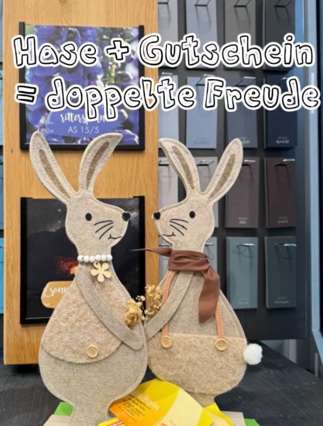 Two handmade rabbit figures stand together with decorative scarves, against a backdrop of framed images and decorative boxes. The text above reads 'Hare + Gift = Double Joy'.