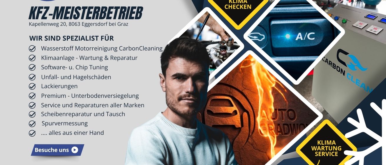 Ein Werbeplakat für Auto Gradwohl, ein Spezialist für Autowartung in Eggersdorf. Angebotene Dienstleistungen umfassen Chip-Tuning, Kohlenstoffreinigung und Reparaturen aller Marken. Kontakt über Website oder Telefon bei 64 114 1149.